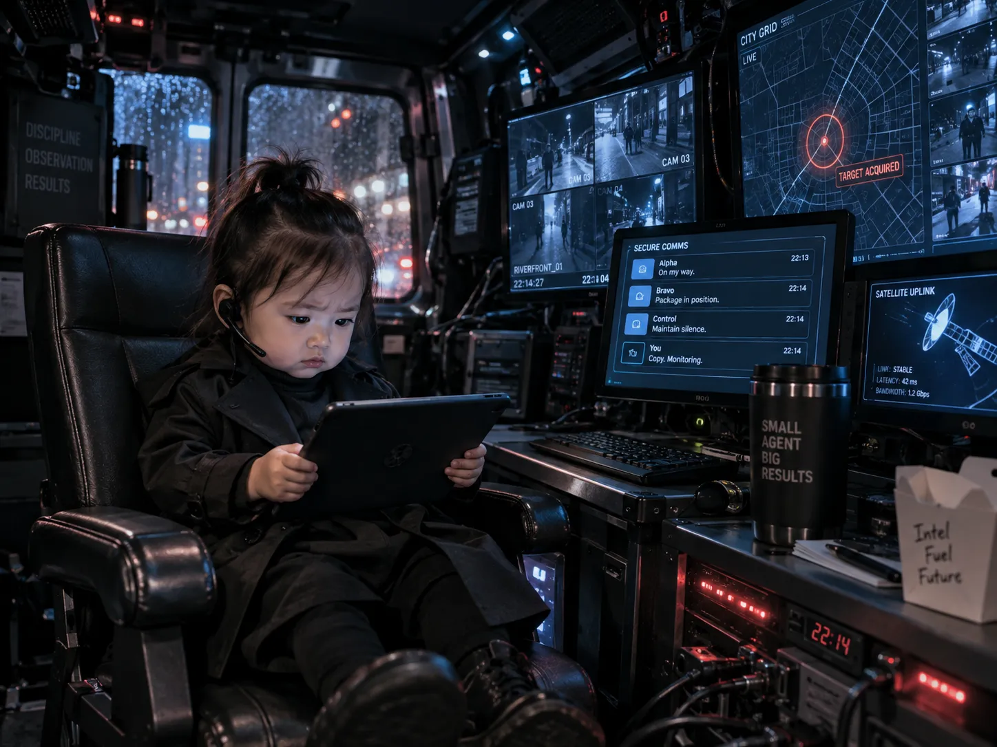 A baby agent monitoring a tablet inside a rainy command van
