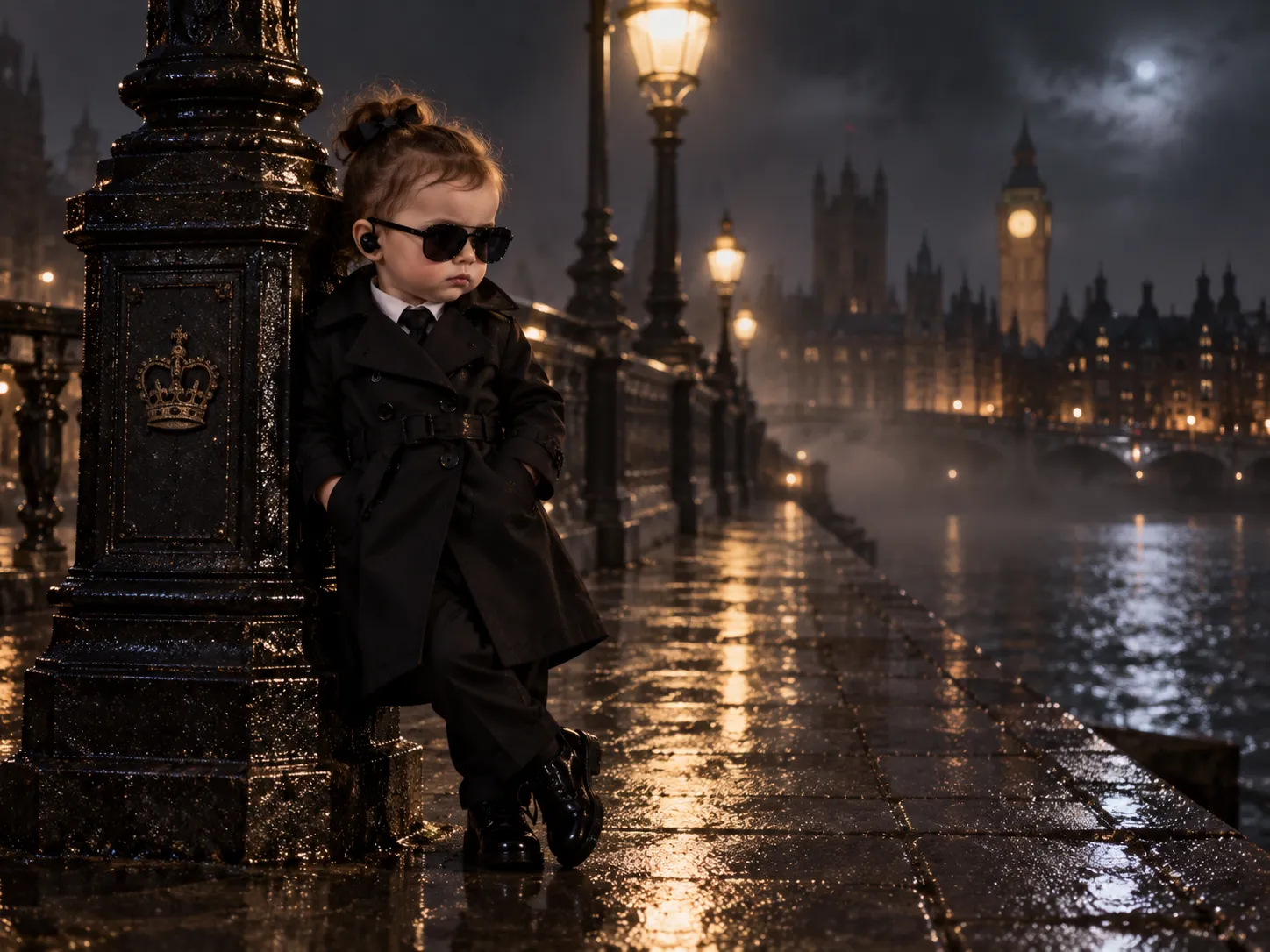 A baby agent in sunglasses and a trench coat beside a London streetlamp at night