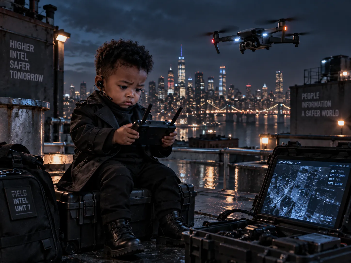 A baby agent operating a drone above a nighttime city