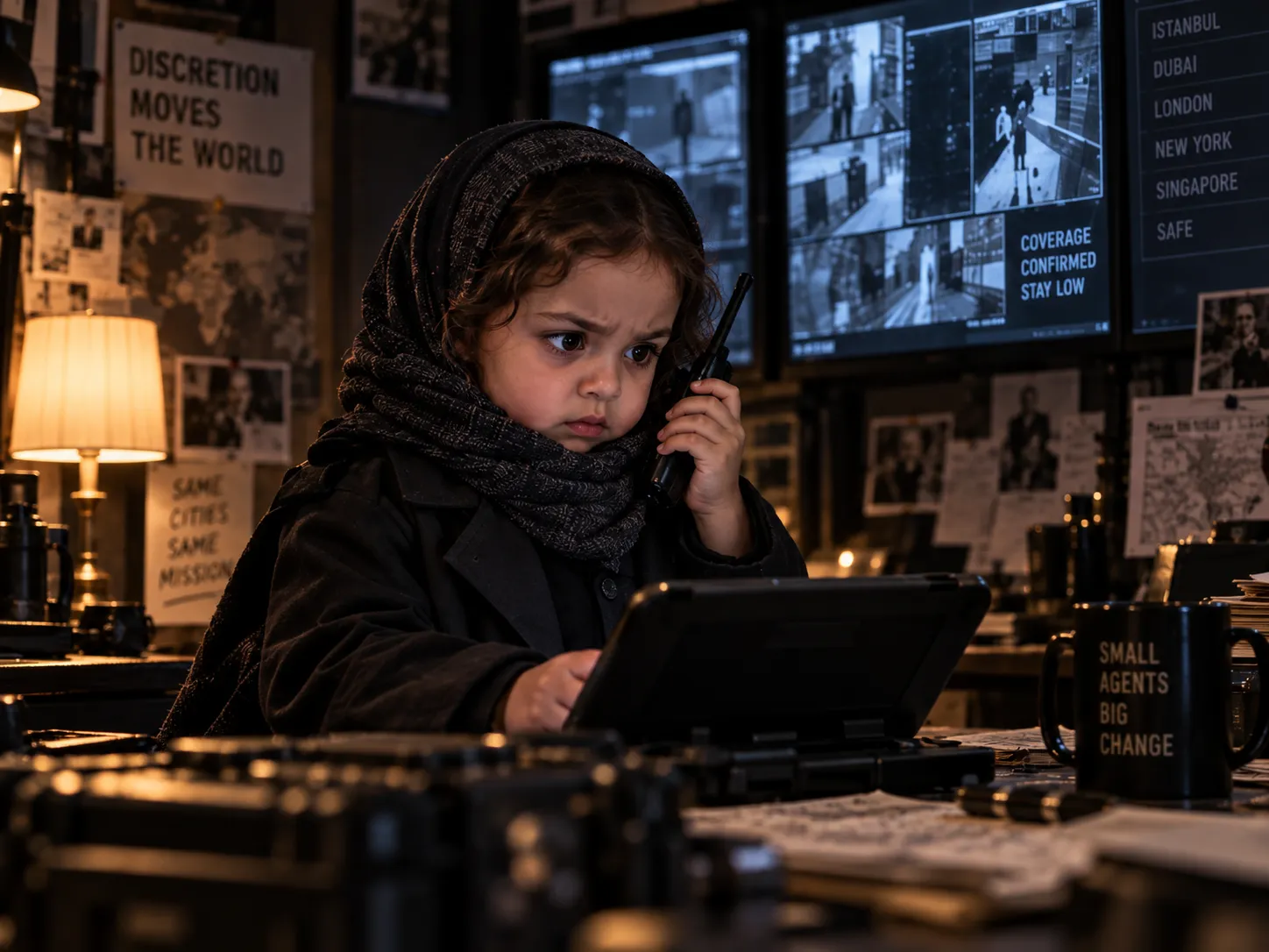 A baby agent in a hood using a radio in a safehouse