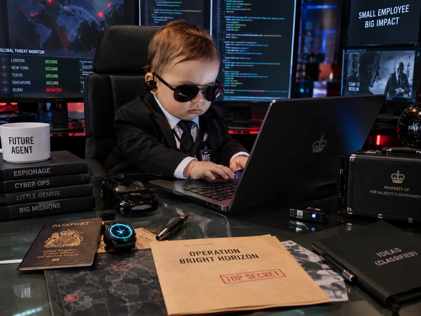 A baby agent wearing sunglasses at a command-center laptop