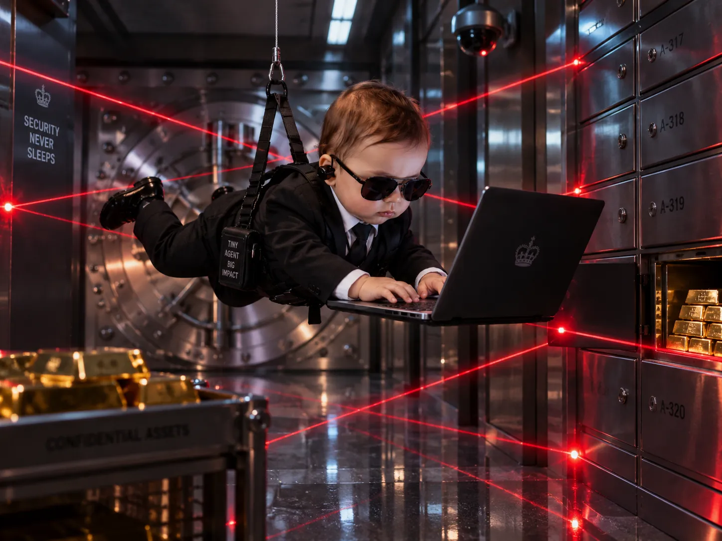 A tiny agent suspended in a laser vault, working on a laptop